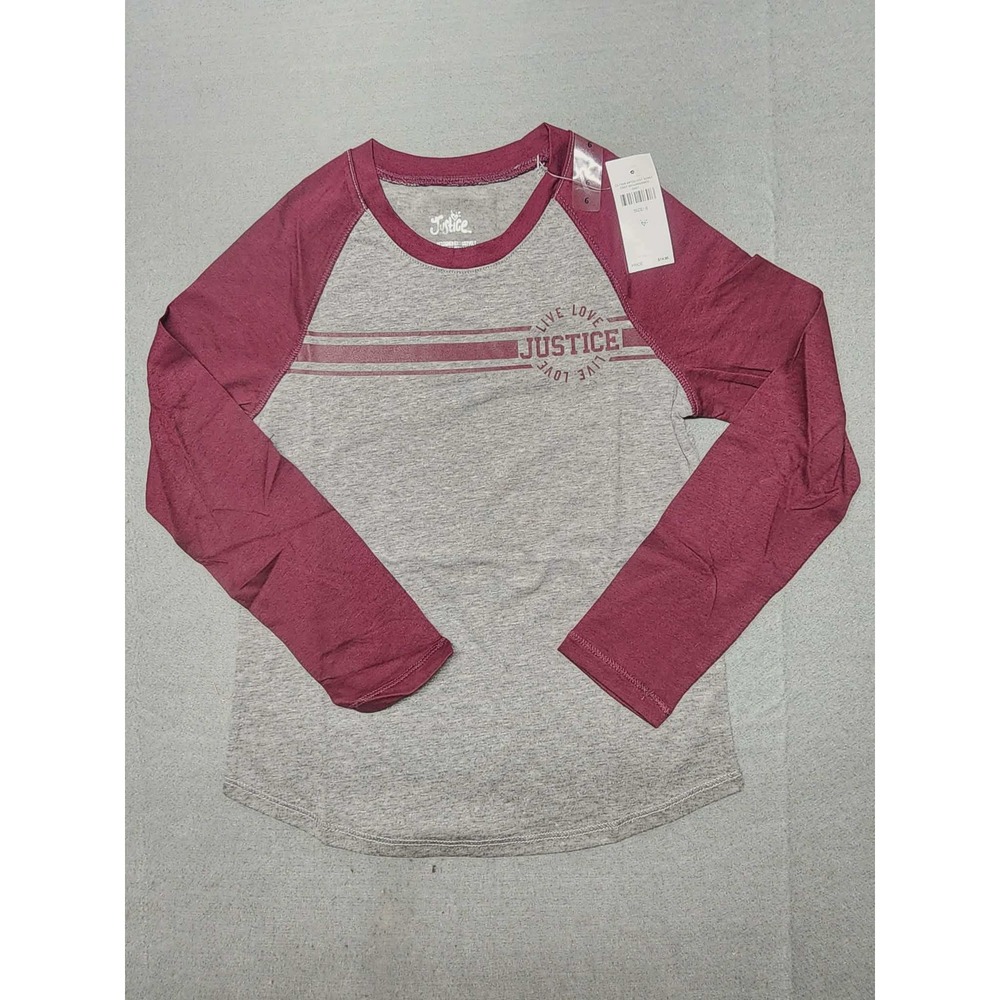 Justice Girls Raglan Long Sleeve T-Shirt Gray Burgundy Graphic Tee Size 6 NWT
